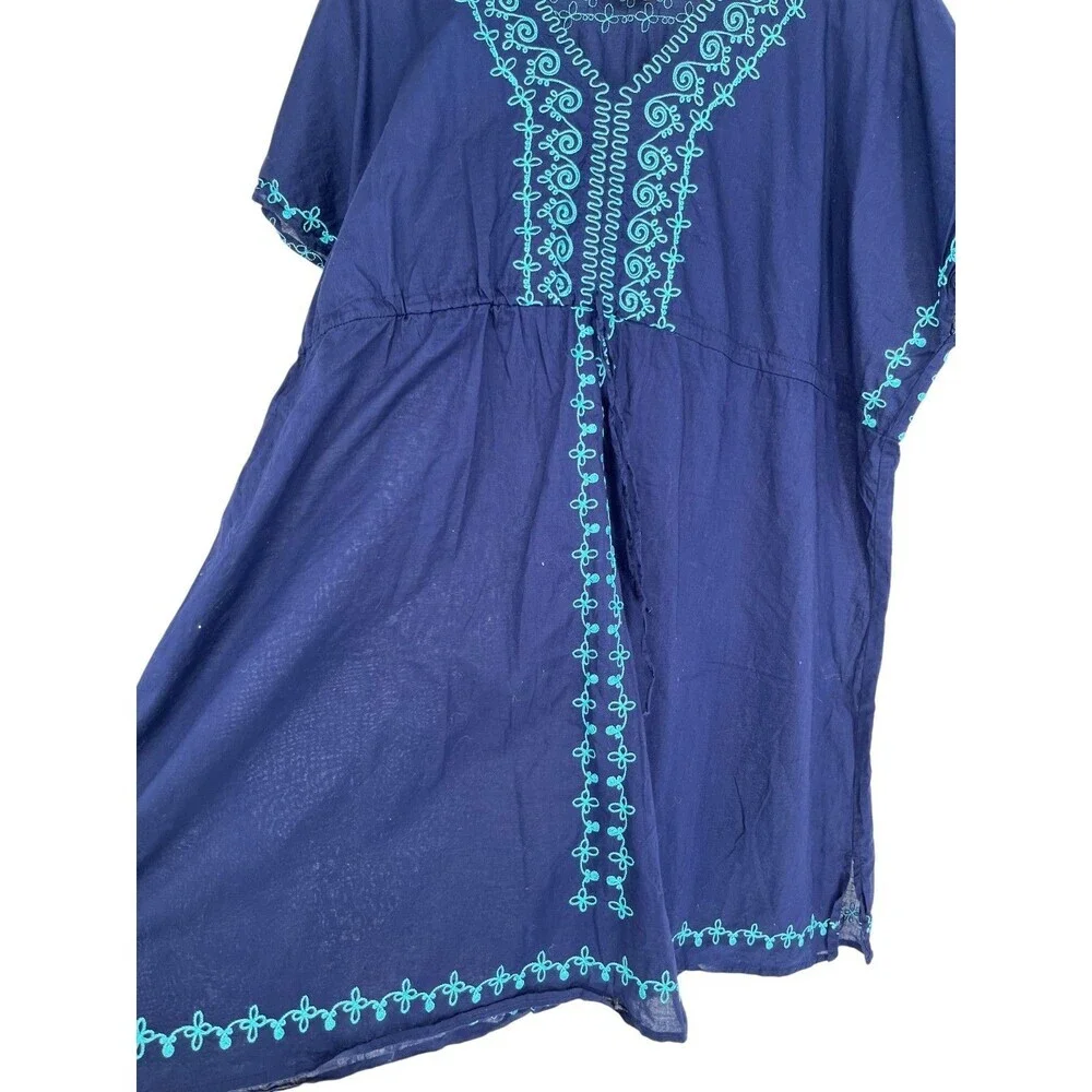 It Figures! Swim Cover Up Tunic Womens Size 2X Navy Blue Embroidered Cotton Boho